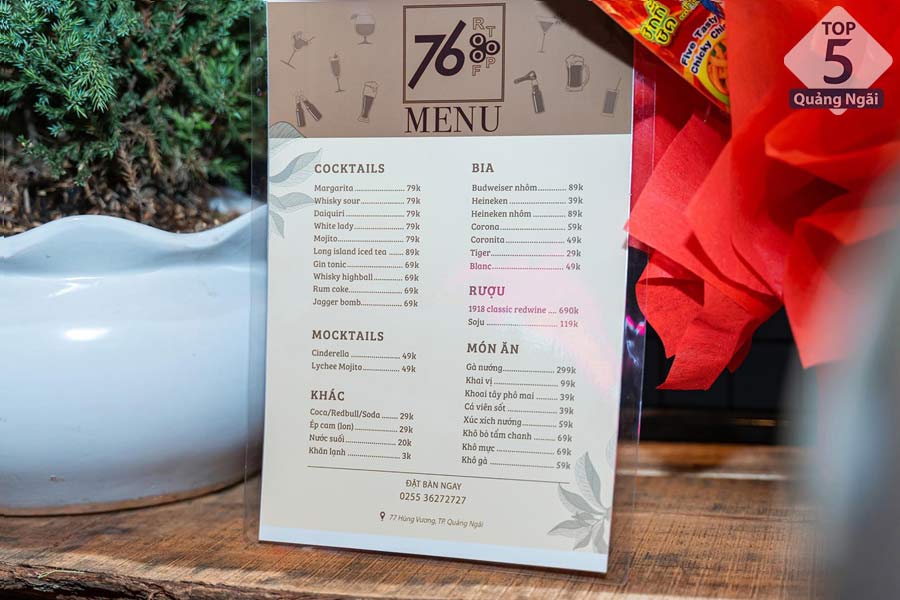 Tham khảo menu gây lú cho hệ “yếu men” tại 76.Rooftop Quảng Ngãi