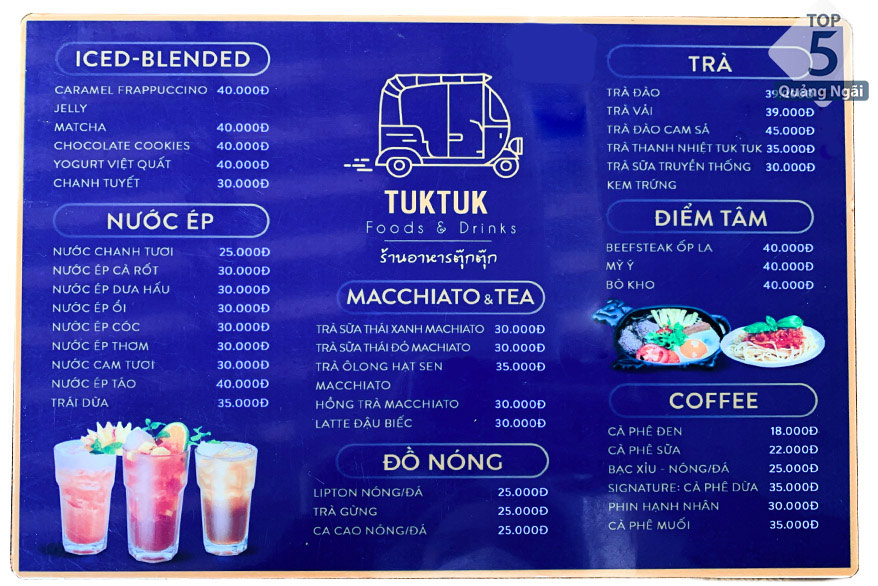 Menu thức uống tại TukTuk cafe Food & Drink bạn có thể tham khảo quán cafe đẹp ở quảng ngãi
