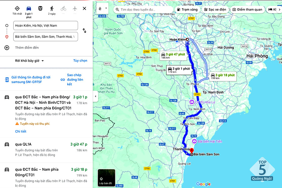 Nếu di chuyển đến Sầm Sơn bằng phương tiện cá nhân bạn có thể đi theo chỉ dẫn của google maps