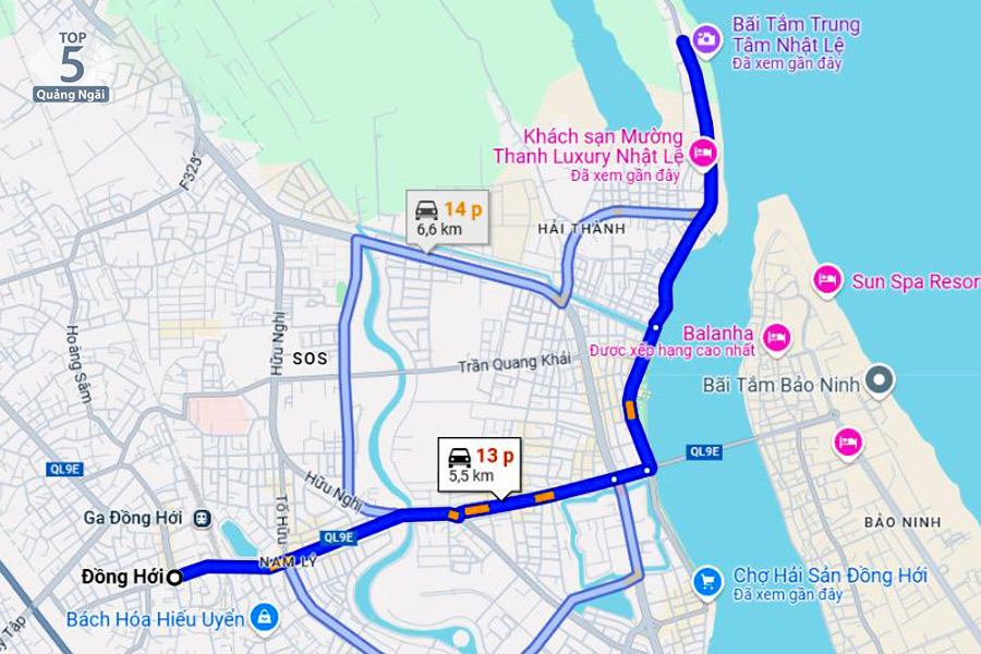 Từ Đồng Hới bạn có thể đến biển Nhật Lệ theo chỉ dẫn của Google Maps