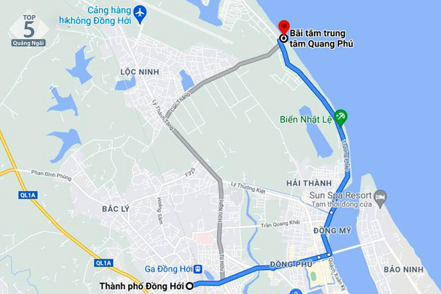 Từ trung tâm Đồng Hới bạn có thể di chuyển theo google maps đến biển Quang Phú